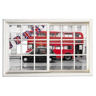 Sticker Mural Trompe L'œil - Fenêtre Vue Sur Londres Avec Bus Rouge