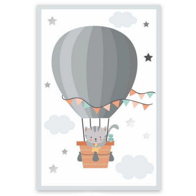 Toile Déco Pour Enfants - Chat Et Montgolfière